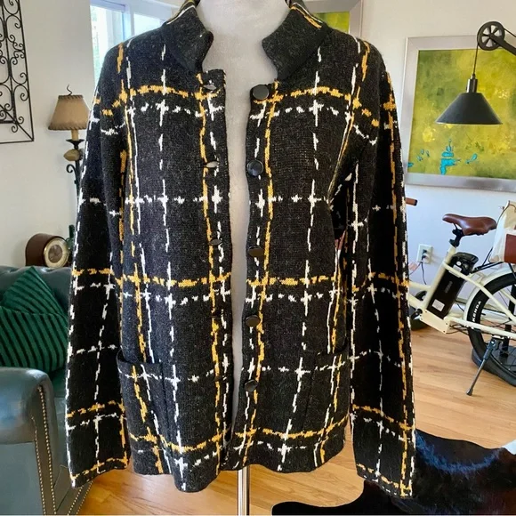Adrienne Vittadini. Black, Yellow & White  Plaid Jacket / Cardigan. XL FAB ♥️ - Picture 14 of 17
